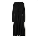 Womens Cashmere Ribbed Knit A - Line Dress Long Sleeve V Neck Midi Dress Black XS