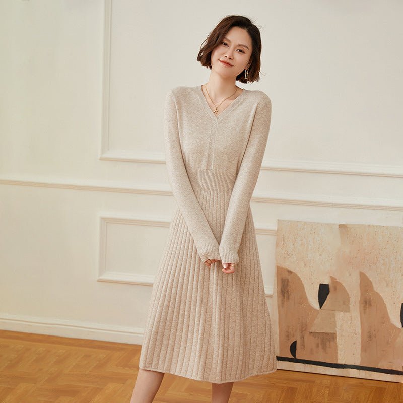Womens Cashmere Ribbed Knit A - Line Dress Long Sleeve V Neck Midi Dress Beige XS