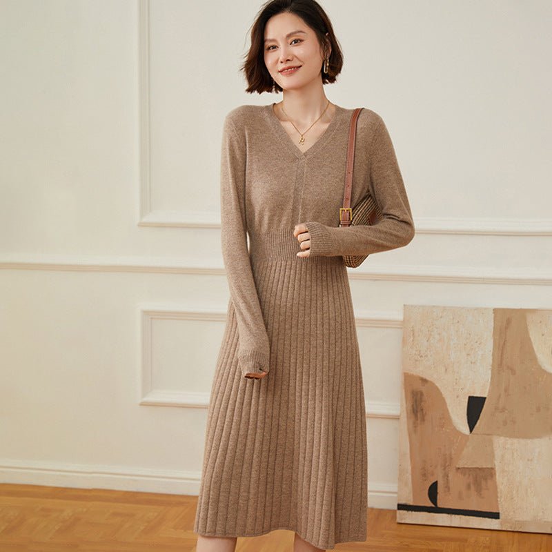 Womens Cashmere Ribbed Knit A - Line Dress Long Sleeve V Neck Midi Dress Beige XS