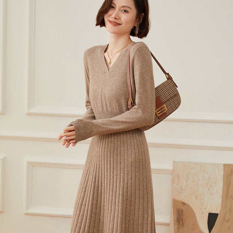 Womens Cashmere Ribbed Knit A - Line Dress Long Sleeve V Neck Midi Dress Taupe XS