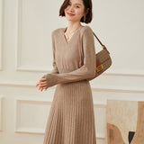 Womens Cashmere Ribbed Knit A - Line Dress Long Sleeve V Neck Midi Dress Taupe XS