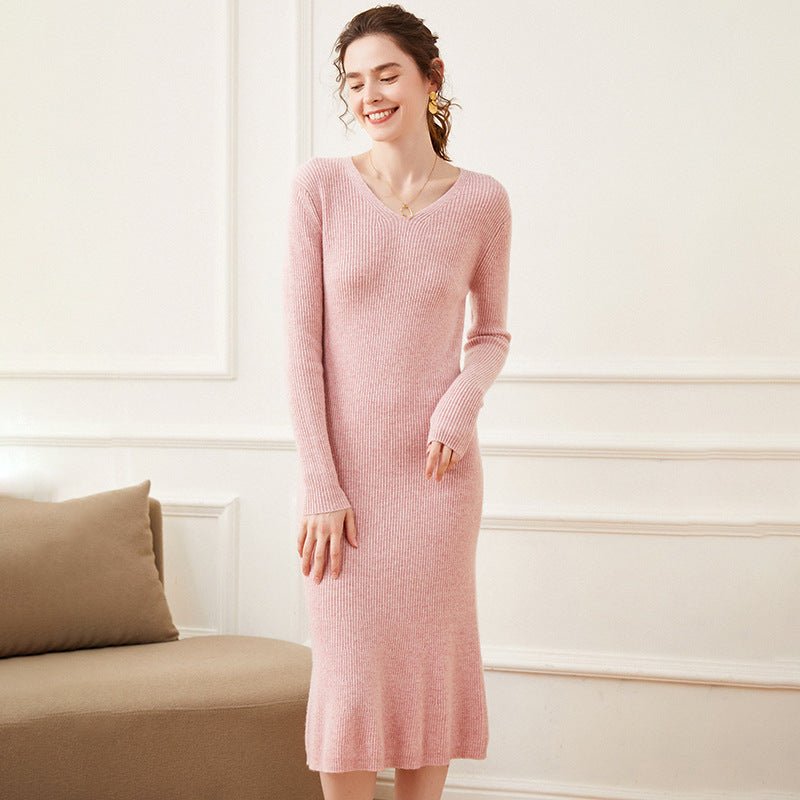 Womens Cashmere Ribbed Knit Midi Dress V Neck Flared Hem Mermaid Dress Pink XS