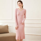 Womens Cashmere Ribbed Knit Midi Dress V Neck Flared Hem Mermaid Dress Pink XS