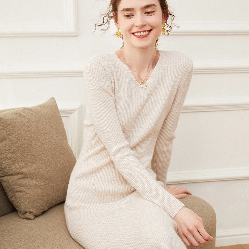 Womens Cashmere Ribbed Knit Midi Dress V Neck Flared Hem Mermaid Dress Beige XS