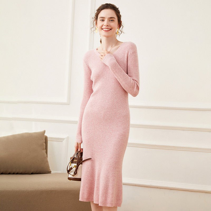 Womens Cashmere Ribbed Knit Midi Dress V Neck Flared Hem Mermaid Dress Pink XS