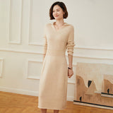 Womens Cashmere Knit Midi Dress Long Sleeve Polo Collar V Neck Dress Beige XS