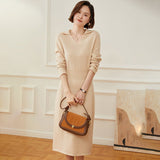 Womens Cashmere Knit Midi Dress Long Sleeve Polo Collar V Neck Dress Beige XS