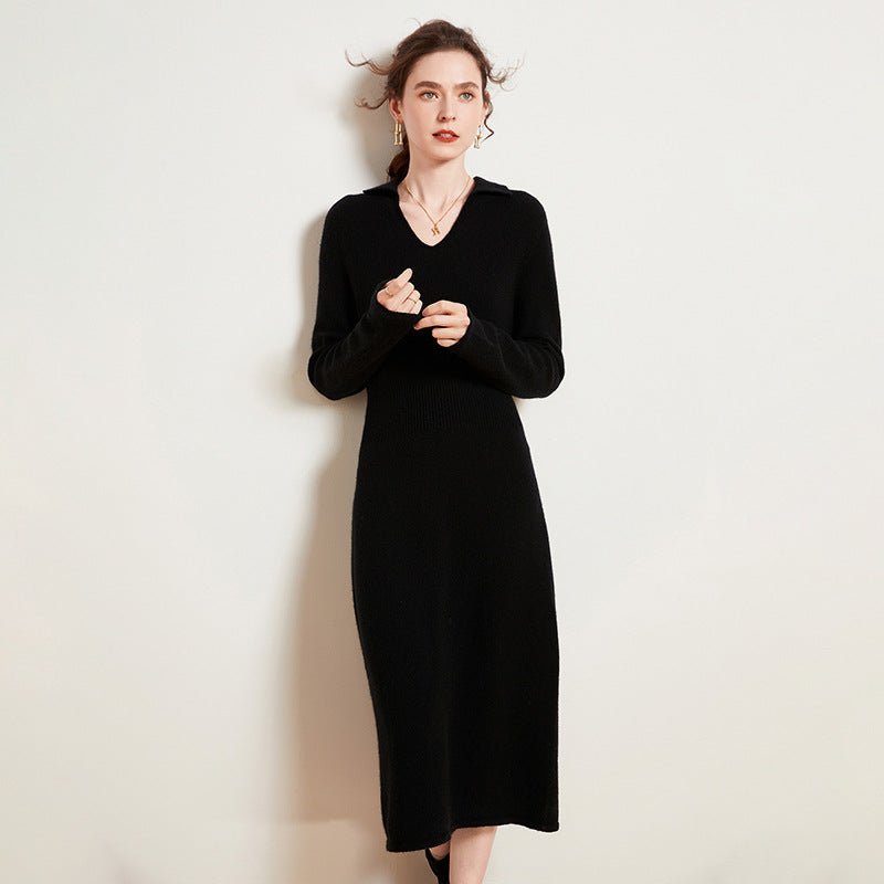 Womens Cashmere Knit Midi Dress Long Sleeve Polo Collar V Neck Dress Black XS