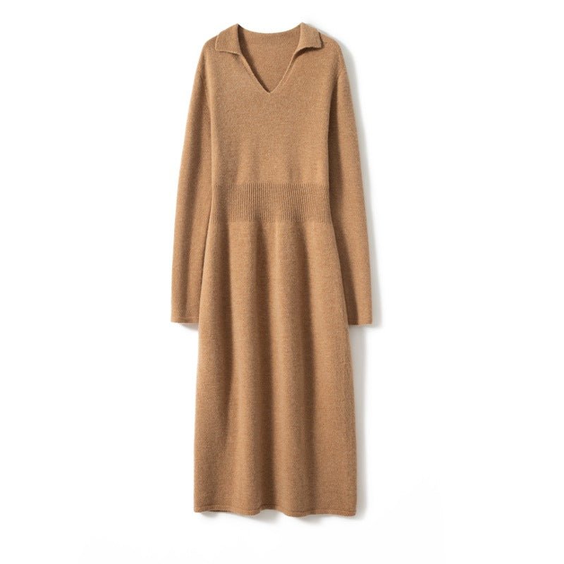 Womens Cashmere Knit Midi Dress Long Sleeve Polo Collar V Neck Dress Camel XS