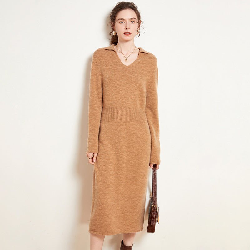 Womens Cashmere Knit Midi Dress Long Sleeve Polo Collar V Neck Dress Camel XS