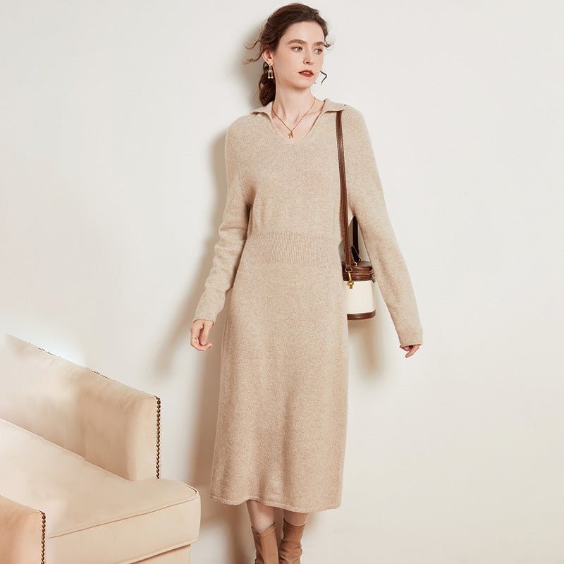 Womens Cashmere Knit Midi Dress Long Sleeve Polo Collar V Neck Dress Apricot XS