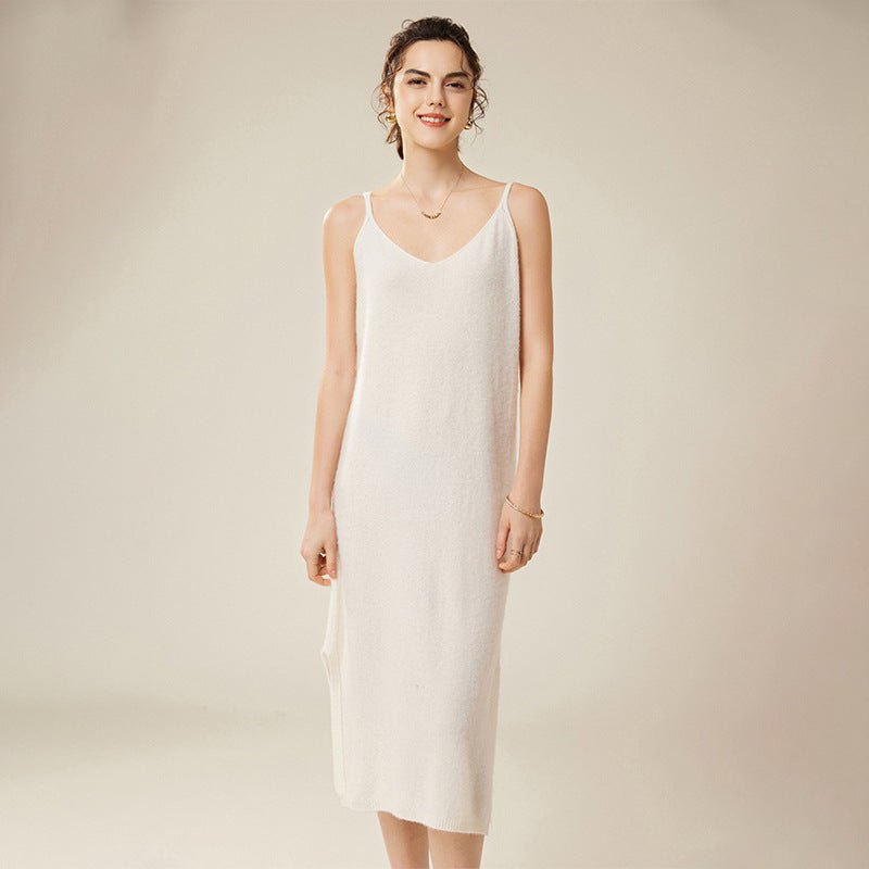 Womens Pure Cashmere Slip Dress Sleeveless V Neck Cashmere Dresses Ivory XS