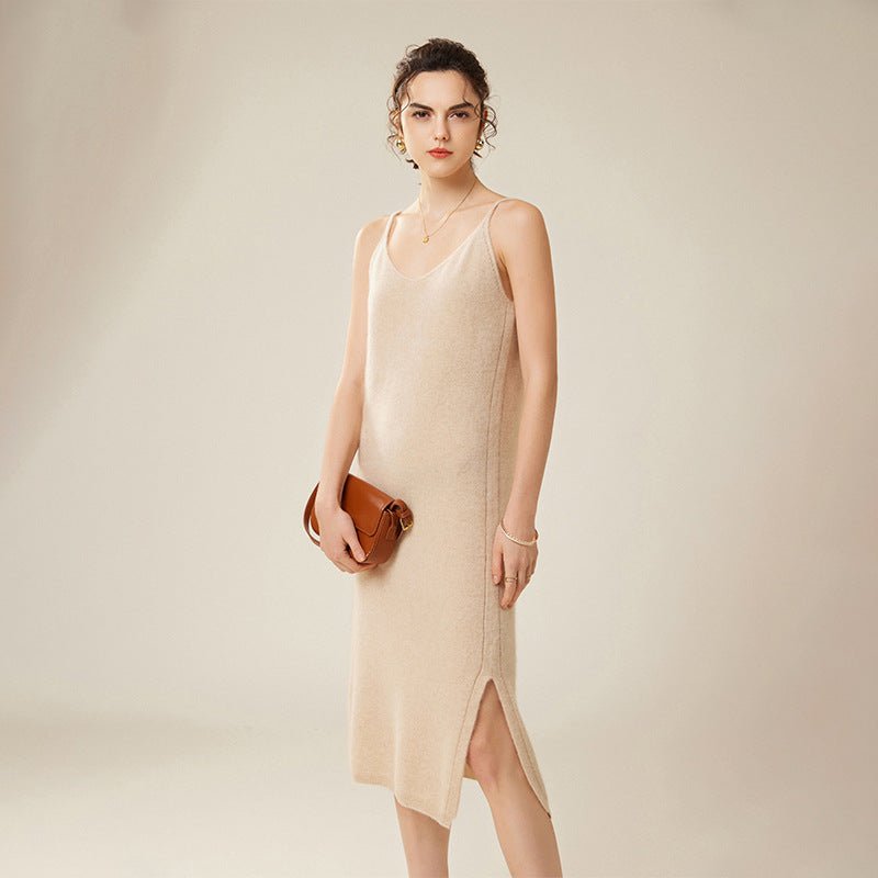 Womens Pure Cashmere Slip Dress Sleeveless V Neck Cashmere Dresses Beige XS