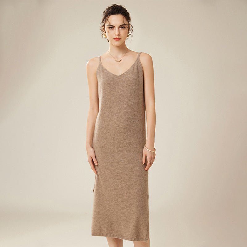 Womens Pure Cashmere Slip Dress Sleeveless V Neck Cashmere Dresses Taupe XS