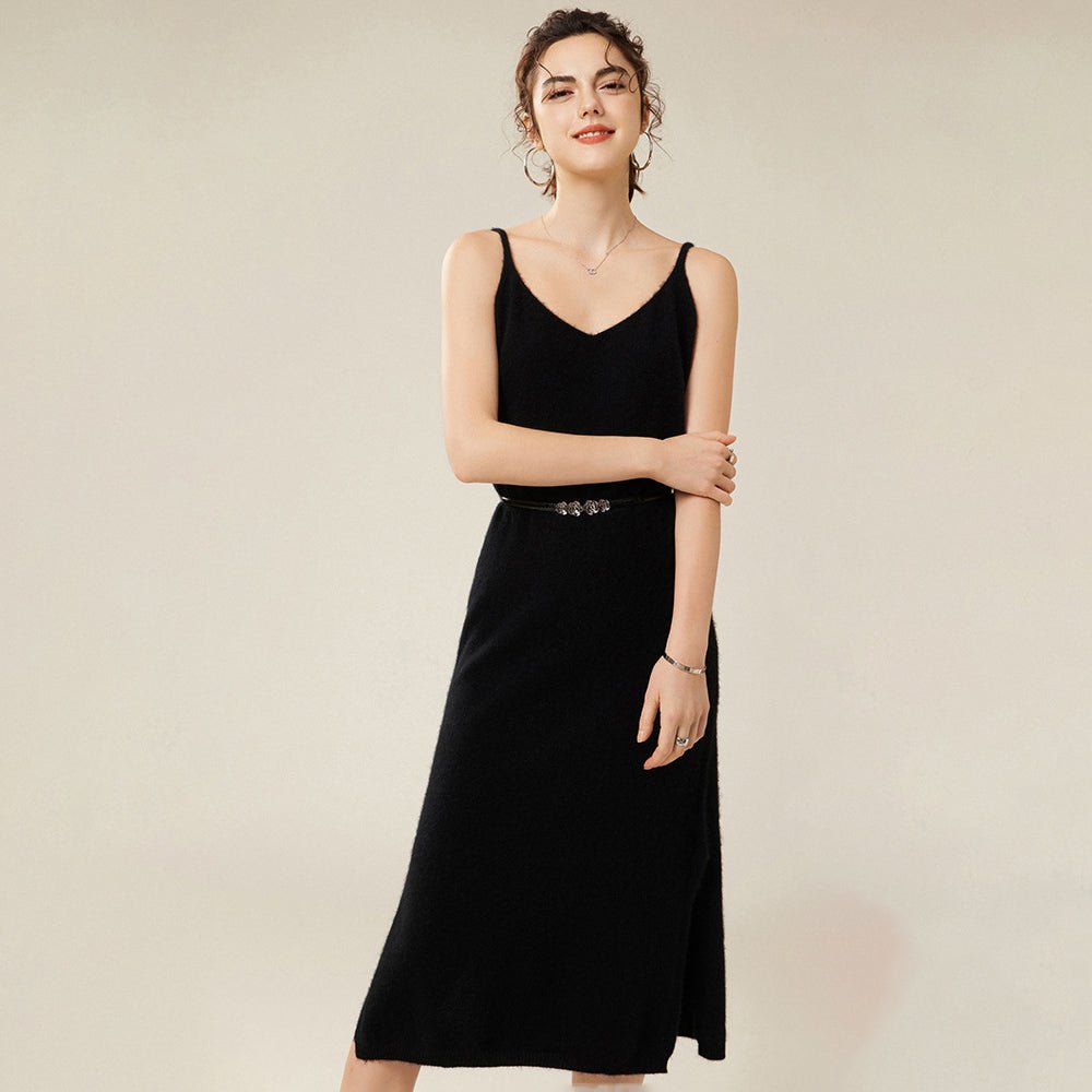 Womens Pure Cashmere Slip Dress Sleeveless V Neck Cashmere Dresses Black XS