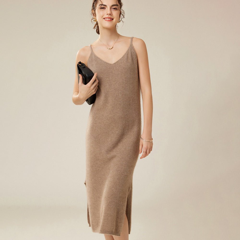 Womens Pure Cashmere Slip Dress Sleeveless V Neck Cashmere Dresses Taupe XS