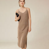Womens Pure Cashmere Slip Dress Sleeveless V Neck Cashmere Dresses Taupe XS
