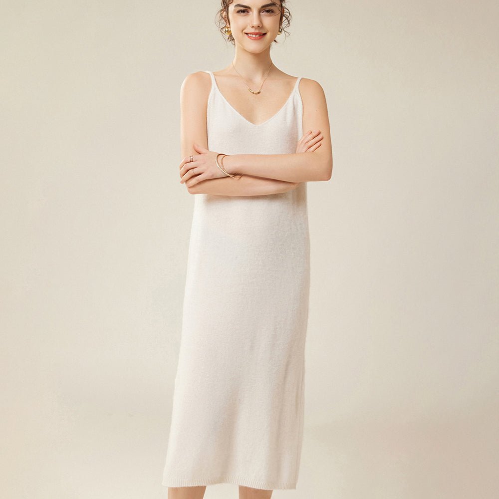 Womens Pure Cashmere Slip Dress Sleeveless V Neck Cashmere Dresses Ivory XS