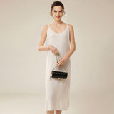 Womens Pure Cashmere Slip Dress Sleeveless V Neck Cashmere Dresses Ivory XS
