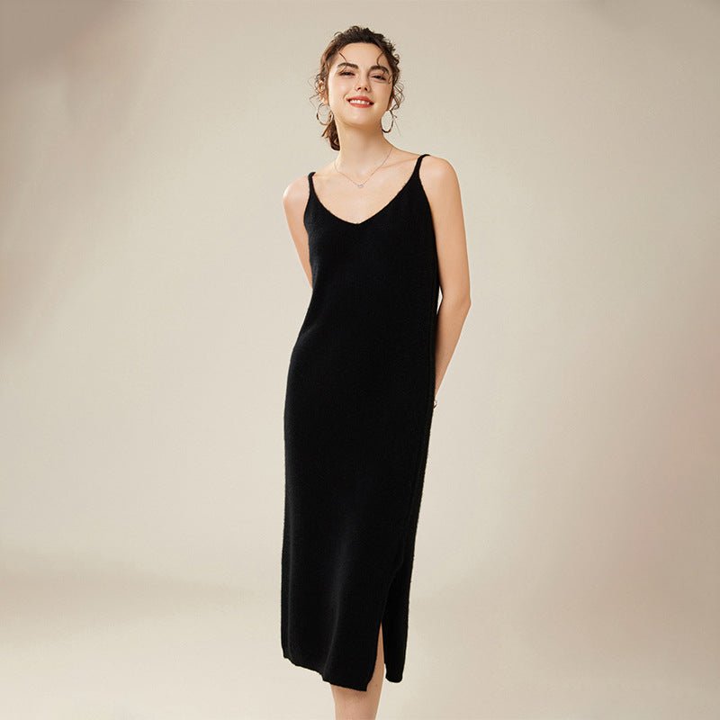 Womens Pure Cashmere Slip Dress Sleeveless V Neck Cashmere Dresses Black XS