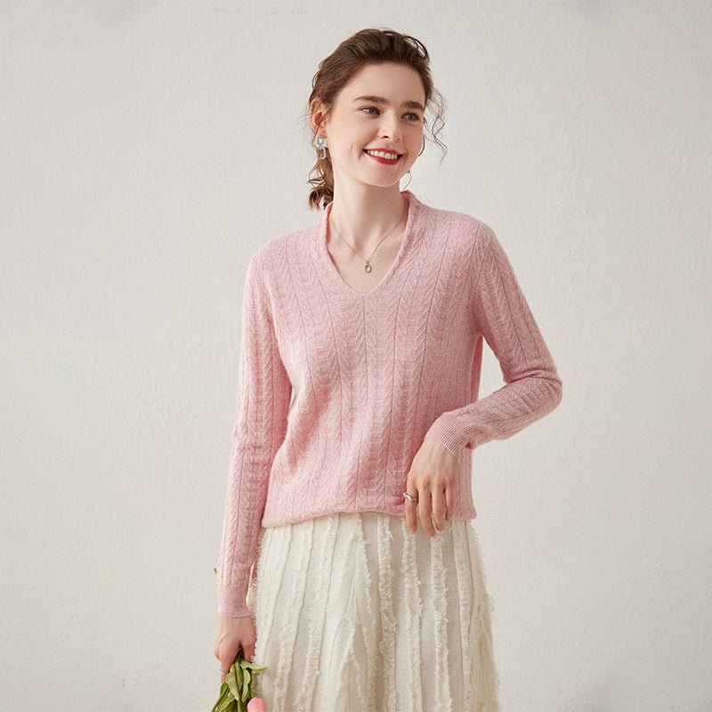 Womens V Neck Cashmere Sweater Long Sleeve Cashmere Pullover Pink XS