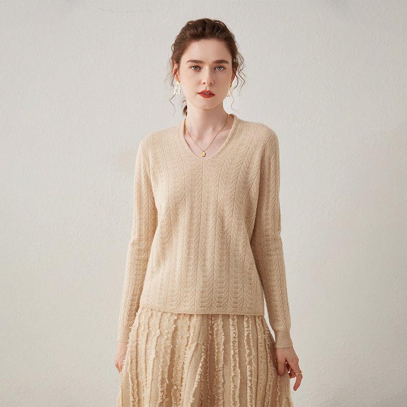 Womens V Neck Cashmere Sweater Long Sleeve Cashmere Pullover Beige XS