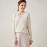 Womens V Neck Cashmere Sweater Long Sleeve Cashmere Pullover Ivory XS