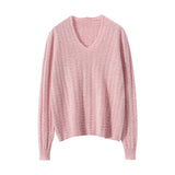 Womens V Neck Cashmere Sweater Long Sleeve Cashmere Pullover Pink XS