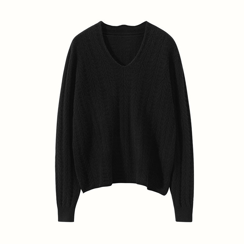 Womens V Neck Cashmere Sweater Long Sleeve Cashmere Pullover Black XS