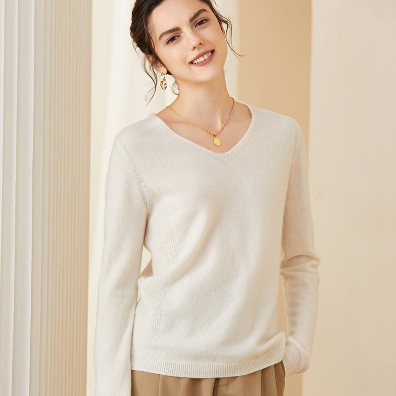 Womens V - Neck Cashmere Sweater Long Sleeve Warm Cashmere Sweater Ivory XS