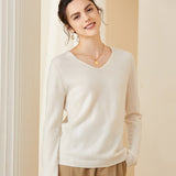 Womens V - Neck Cashmere Sweater Long Sleeve Warm Cashmere Sweater Ivory XS