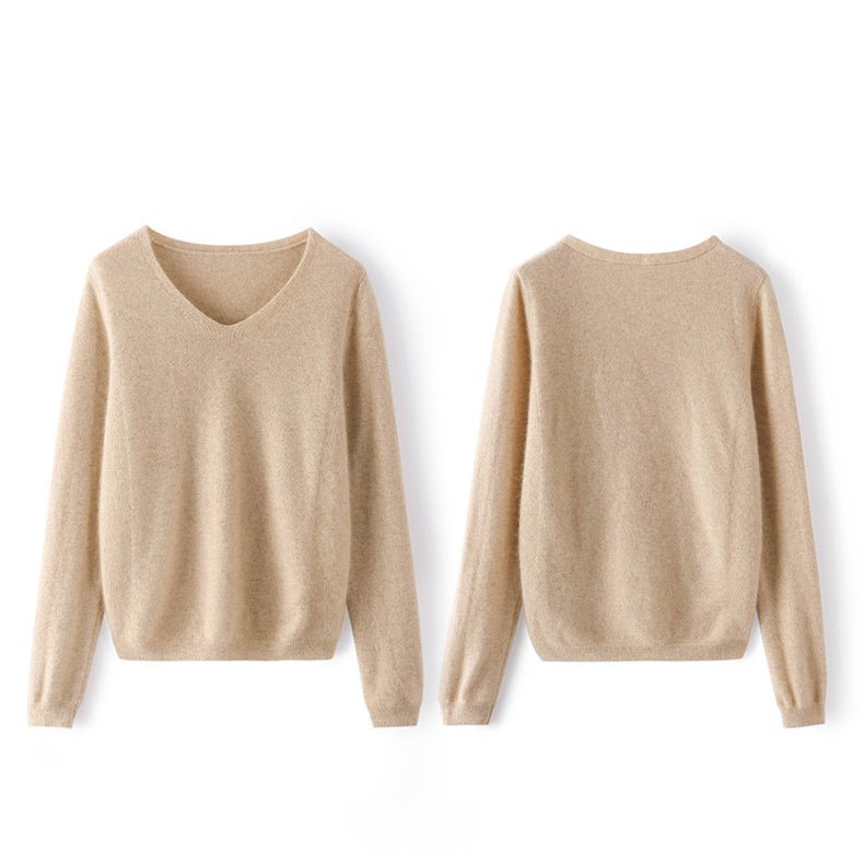 Womens V - Neck Cashmere Sweater Long Sleeve Warm Cashmere Sweater Beige XS