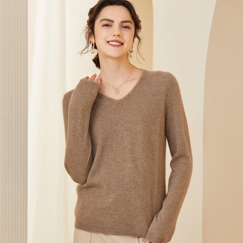 Womens V - Neck Cashmere Sweater Long Sleeve Warm Cashmere Sweater Taupe XS