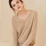 Womens V - Neck Cashmere Sweater Long Sleeve Warm Cashmere Sweater Beige XS