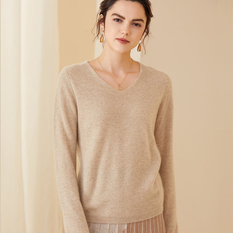 Womens V - Neck Cashmere Sweater Long Sleeve Warm Cashmere Sweater Beige XS