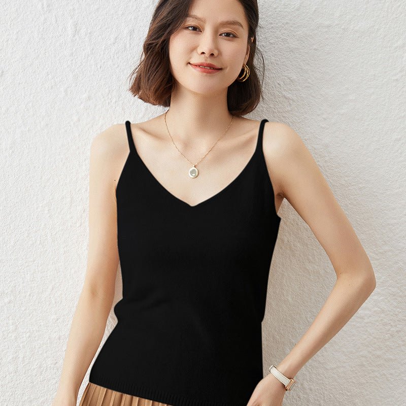 Womens V Neck Cashmere Tank Tops Spaghetti Straps Cashmere Vest Black XS