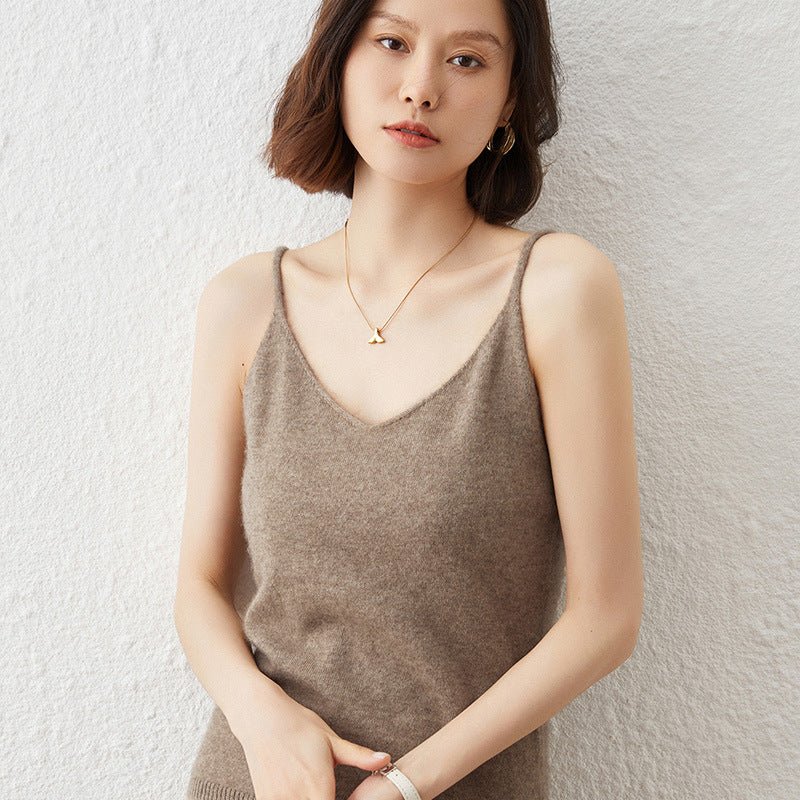 Womens V Neck Cashmere Tank Tops Spaghetti Straps Cashmere Vest Taupe XS
