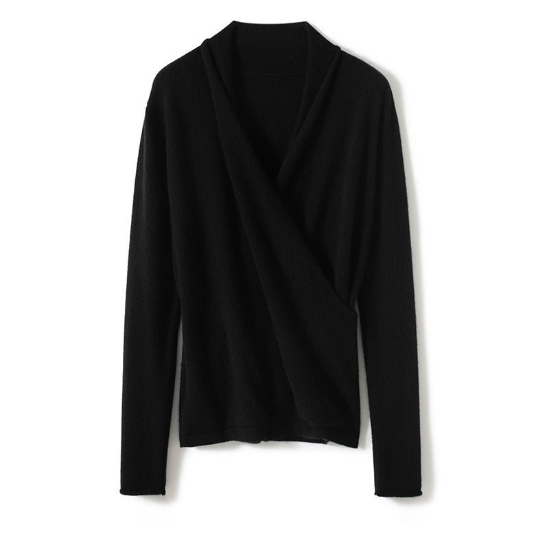 Womens V Neck Crossover Cashmere Pullover Wrap Cashmere Sweater Black XS