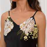 Womens Floral Silk Slip Dress Long Silk Dress Split Silk Nightgown Black XS