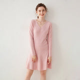 Womens V Neck Ribbed Cashmere Sweater Dress A Line Cashmere Knit Dress Pink XS