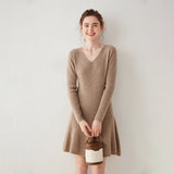 Womens V Neck Ribbed Cashmere Sweater Dress A Line Cashmere Knit Dress Taupe XS
