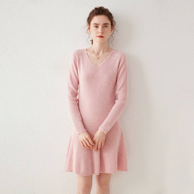 Womens V Neck Ribbed Cashmere Sweater Dress A Line Cashmere Knit Dress Pink XS