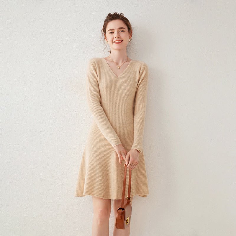 Womens V Neck Ribbed Cashmere Sweater Dress A Line Cashmere Knit Dress Beige XS