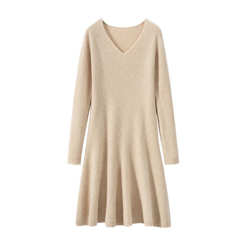 Womens V Neck Ribbed Cashmere Sweater Dress A Line Cashmere Knit Dress Beige XS