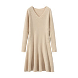 Womens V Neck Ribbed Cashmere Sweater Dress A Line Cashmere Knit Dress Beige XS