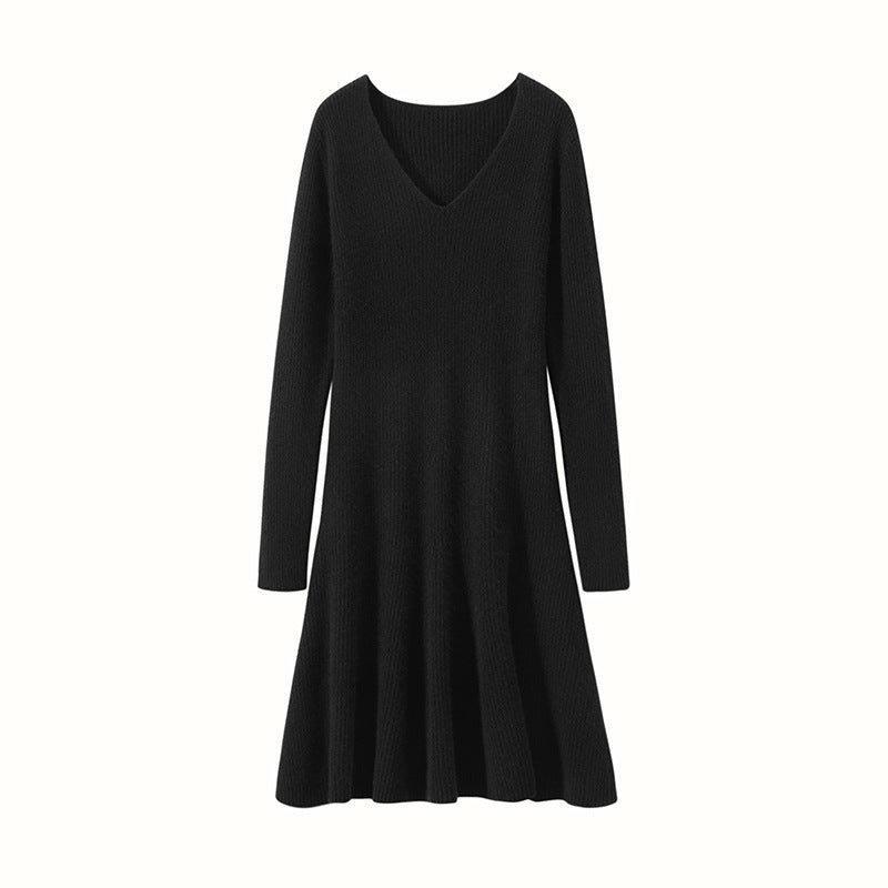Womens V Neck Ribbed Cashmere Sweater Dress A Line Cashmere Knit Dress Black XS