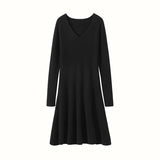 Womens V Neck Ribbed Cashmere Sweater Dress A Line Cashmere Knit Dress Black XS