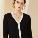 Womens Contrast Trim Knit Cashmere Cardigan V Neck Button - up Coat Black XS