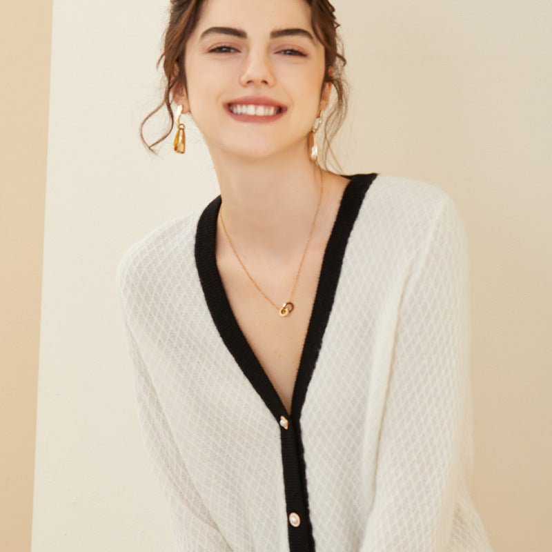 Womens Contrast Trim Knit Cashmere Cardigan V Neck Button - up Coat Ivory XS