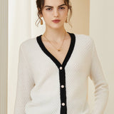Womens Contrast Trim Knit Cashmere Cardigan V Neck Button - up Coat Ivory XS